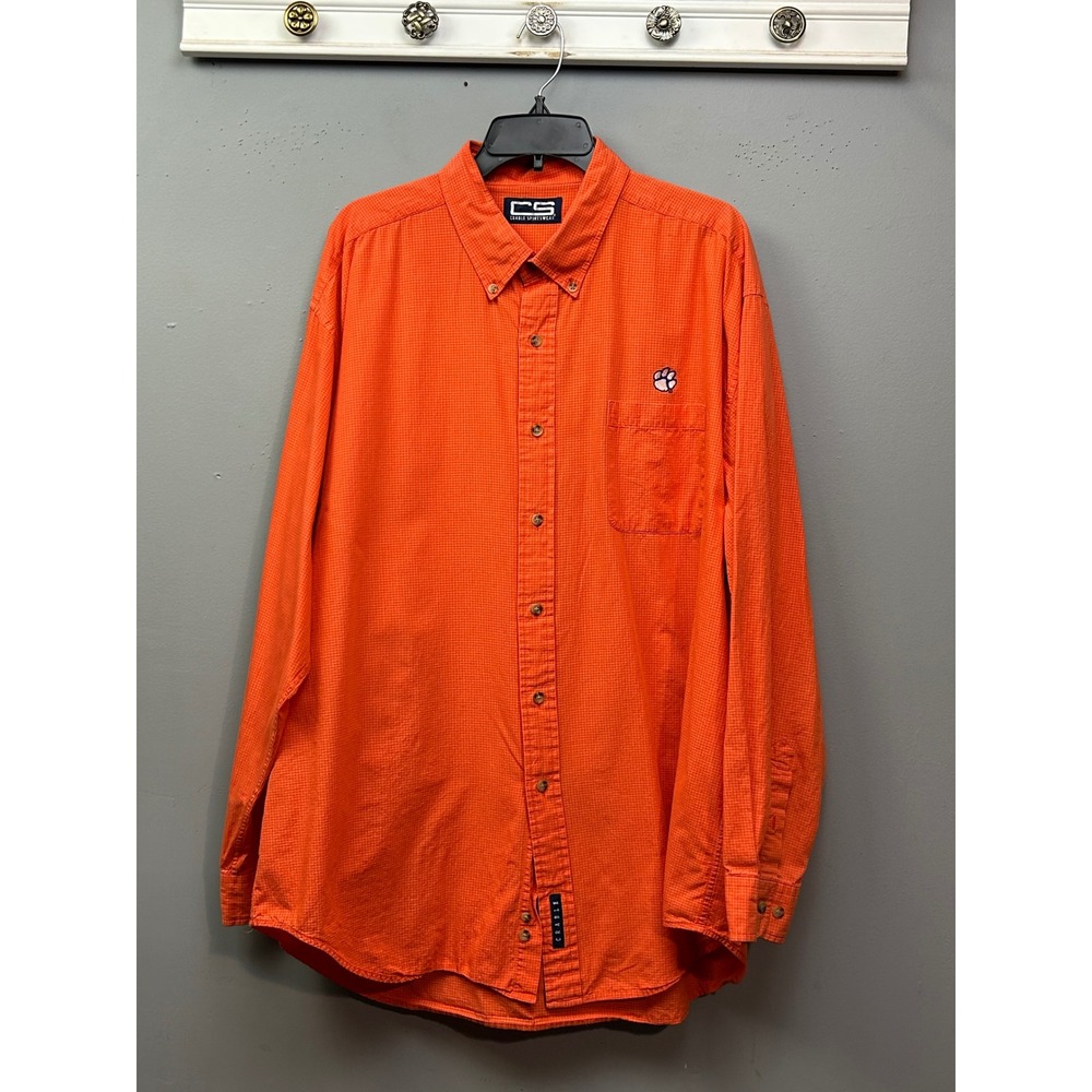 Crable Sportswear Shirt Mens 2XL Orange Clemson Tigers Paw Grid Button Down